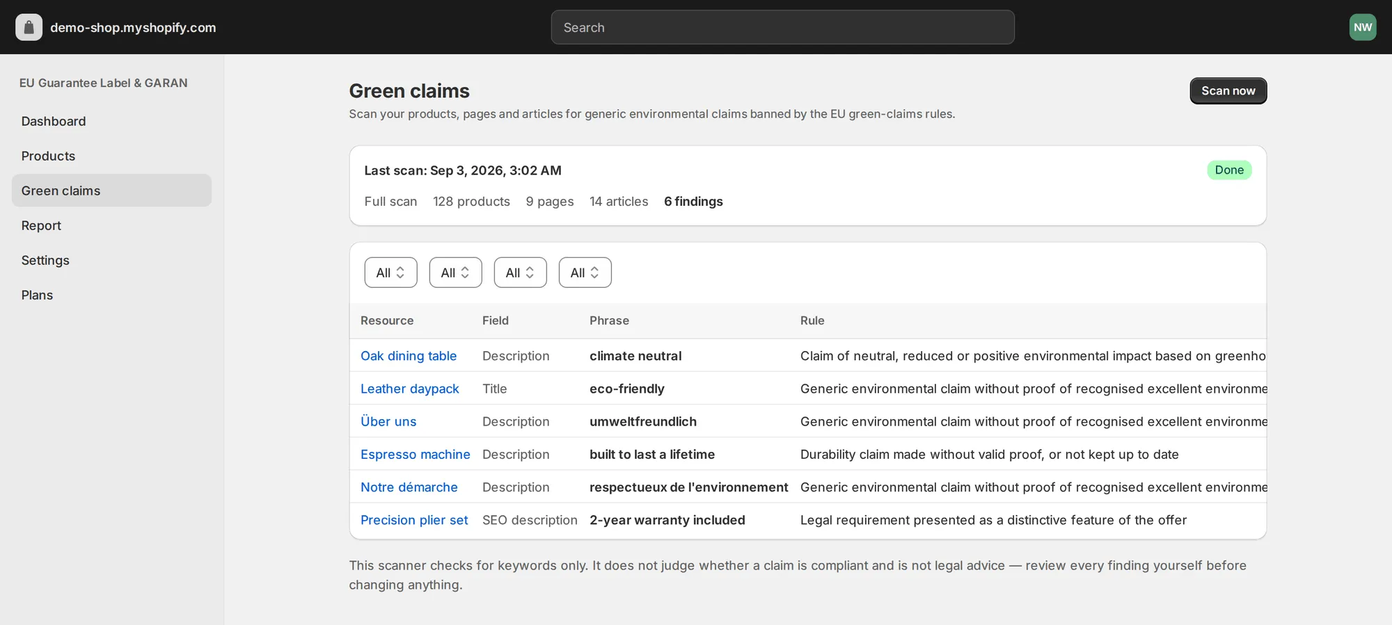 Green claims screen listing findings with resource, phrase, rule and severity columns