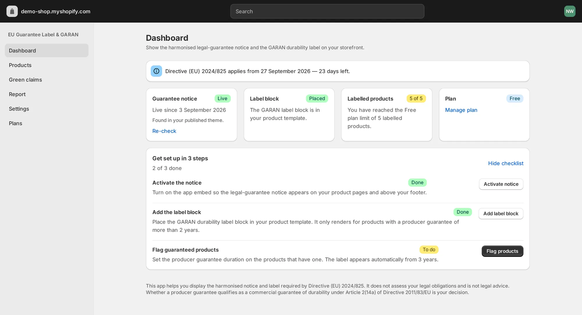App dashboard with the guarantee notice live, the label block placed and five products labelled