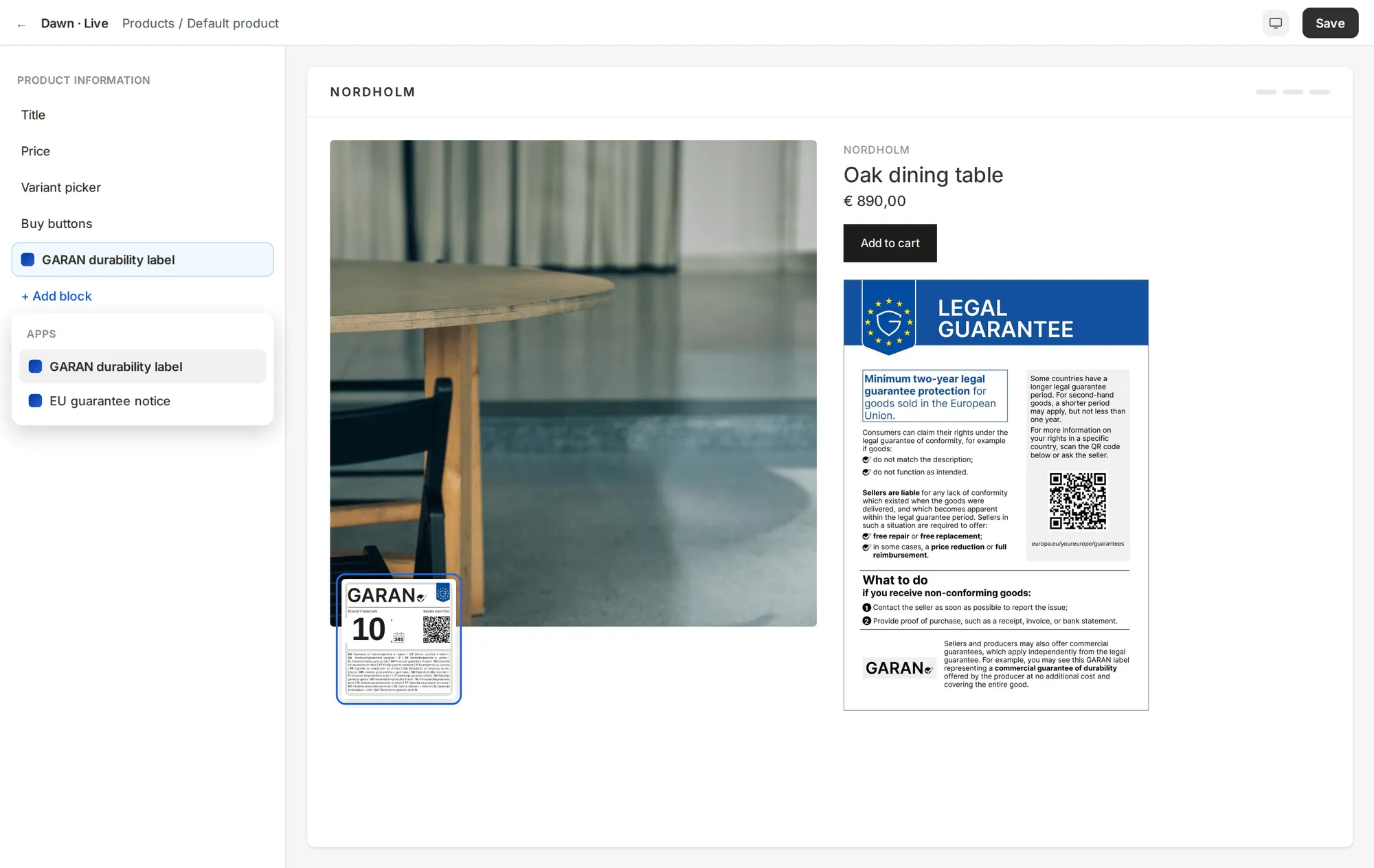 Theme editor Add block menu showing the GARAN durability label app block being added to the product template