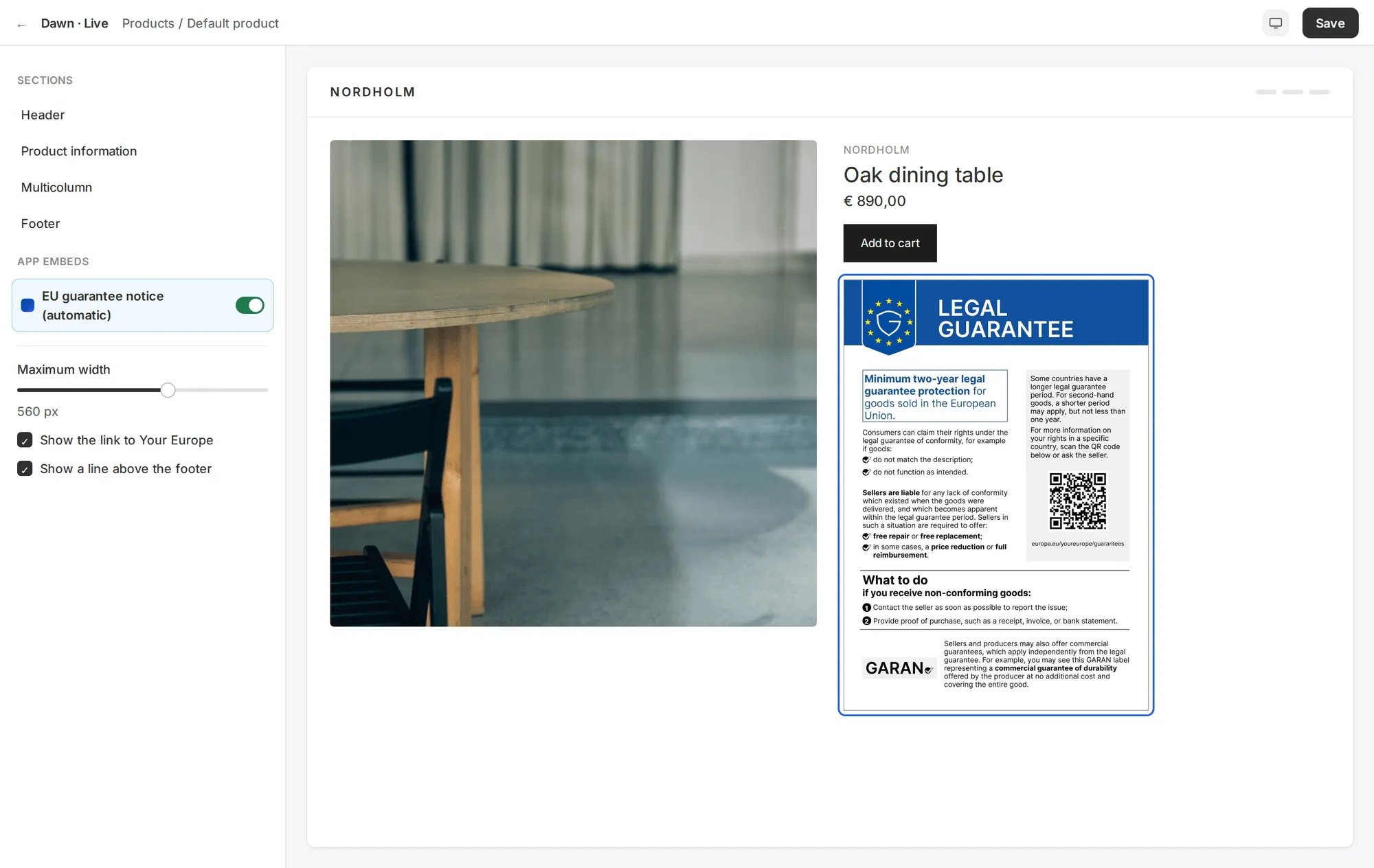 Theme editor with the EU guarantee notice app embed turned on and its settings visible
