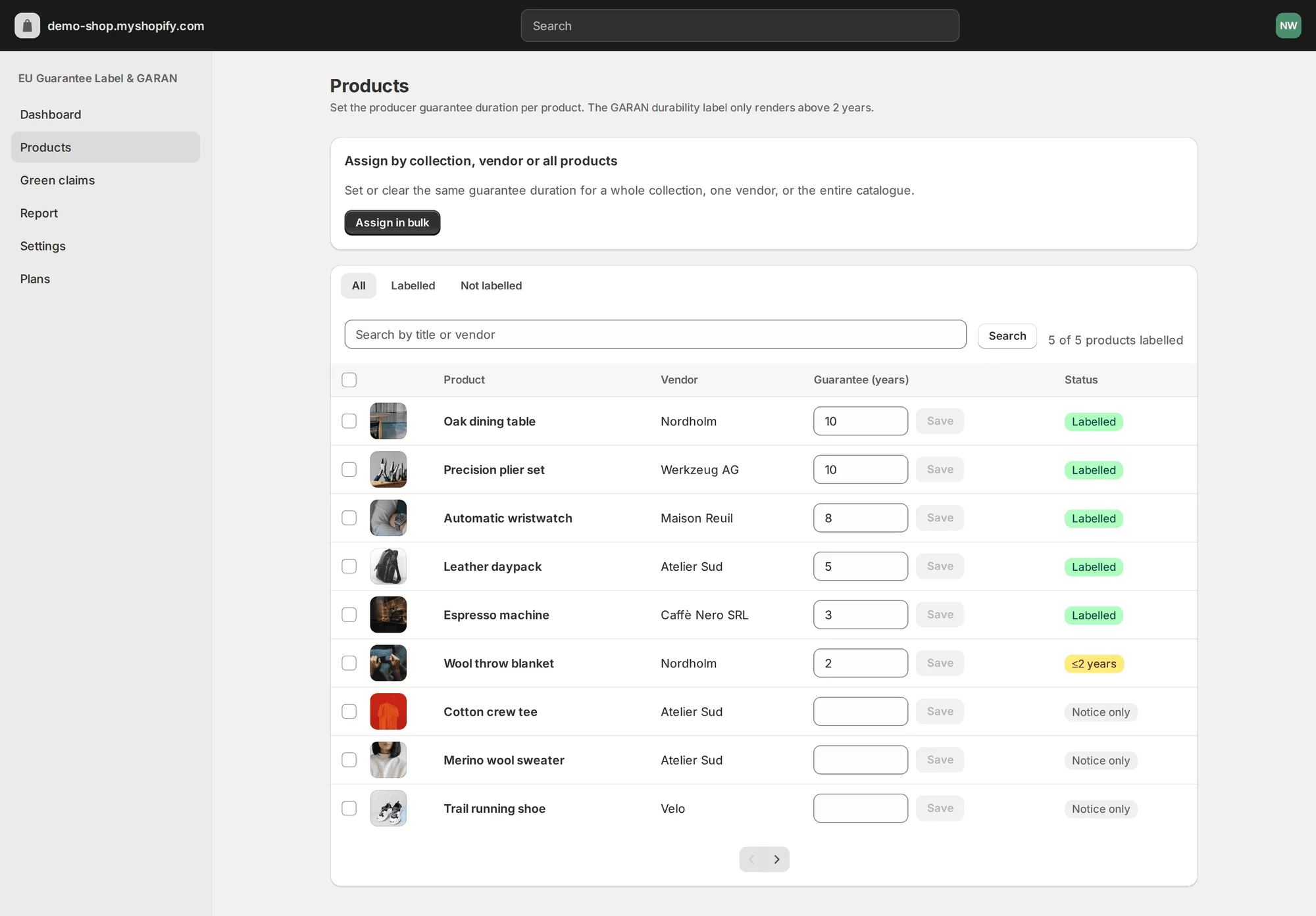 Products screen listing products with an editable guarantee duration field and Labelled or Notice only status