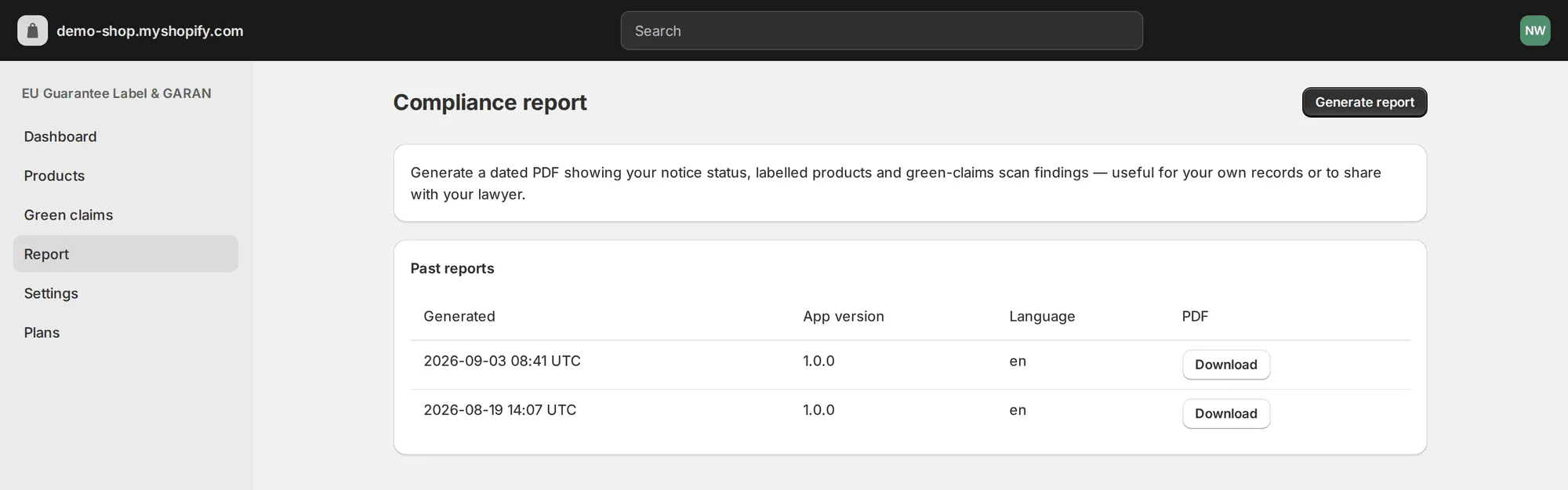 Compliance report screen with a generate button and a table of previously generated dated PDF reports