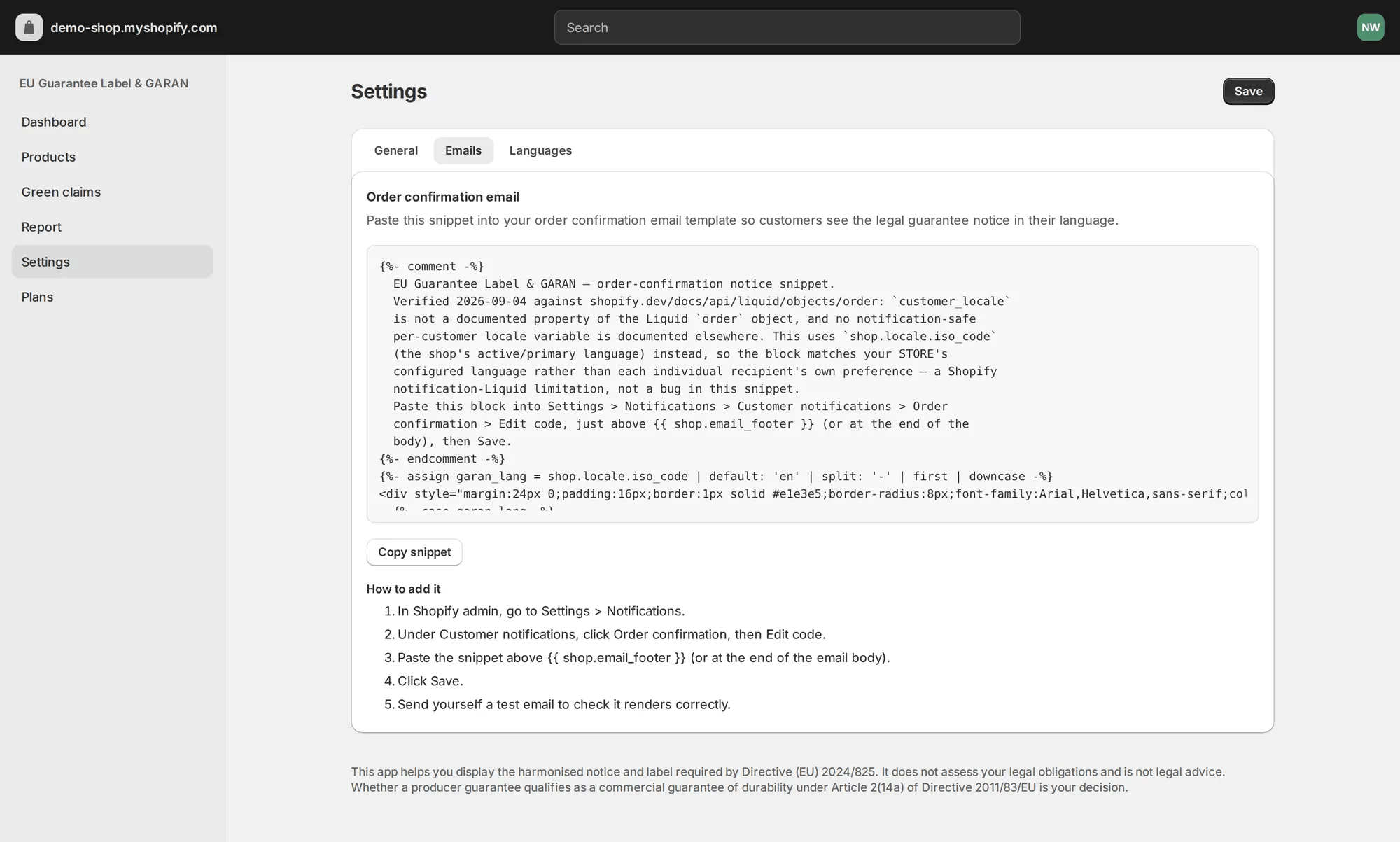 Settings Emails tab showing the order-confirmation snippet and instructions to paste it into the Shopify template