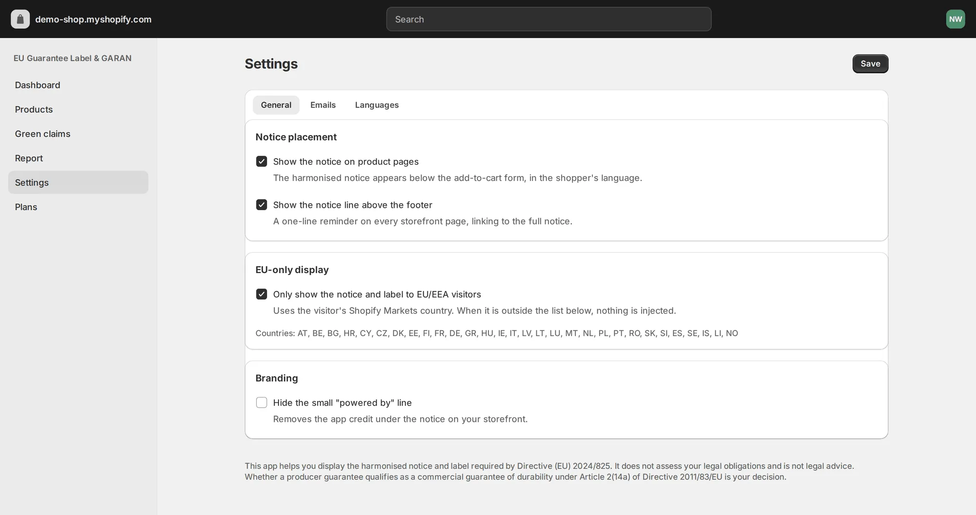 Settings General tab with notice placement checkboxes, EU-only display and branding options