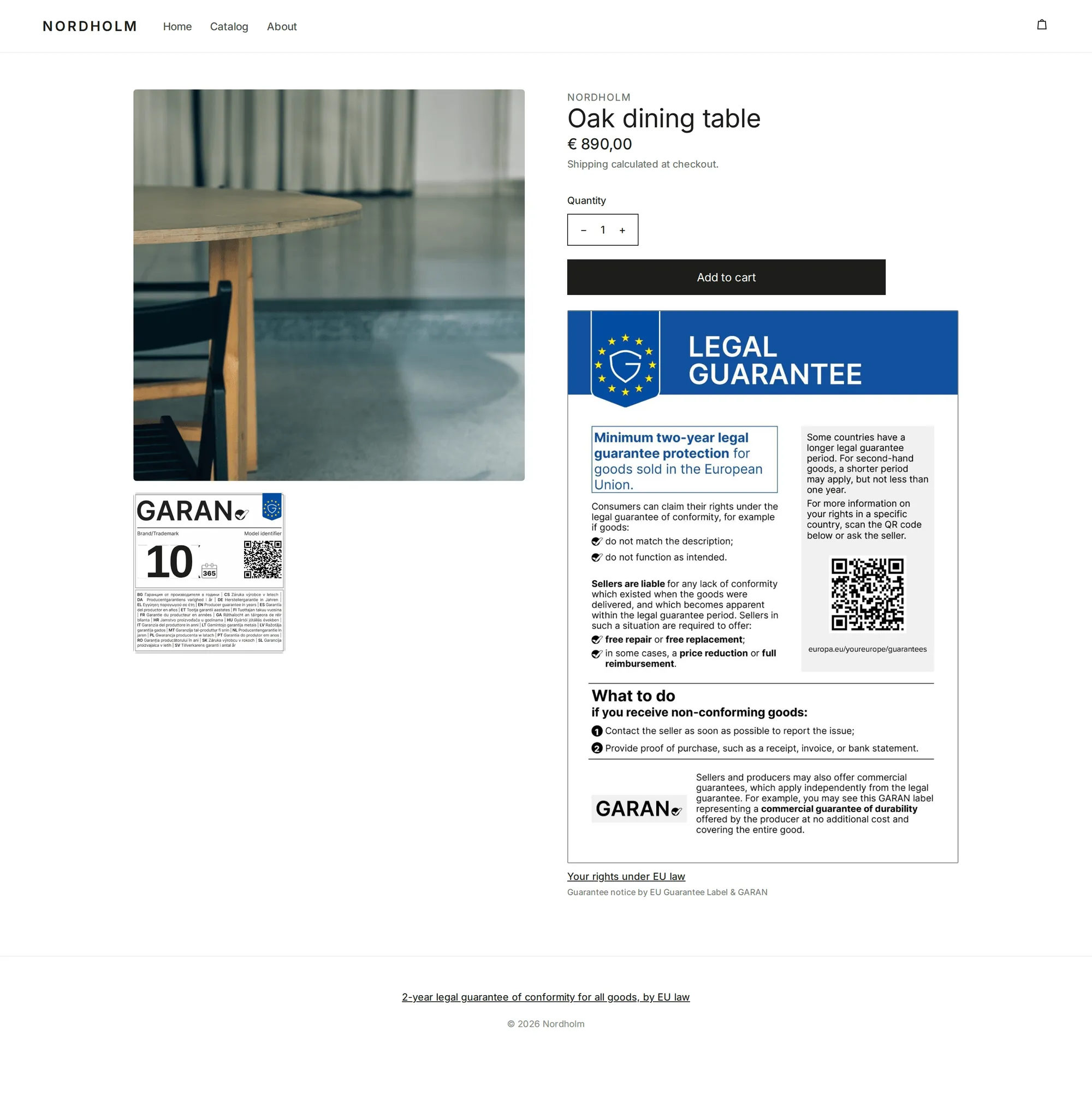 Storefront product page showing the official EU legal guarantee notice under the add-to-cart button and the GARAN label with a 10-year duration next to the product image